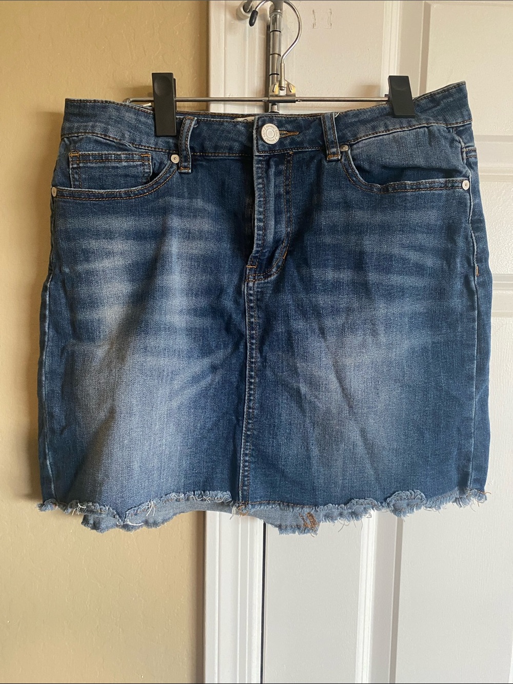 Indigo Rein Blue Denim Mini Skirt with Frayed Hem